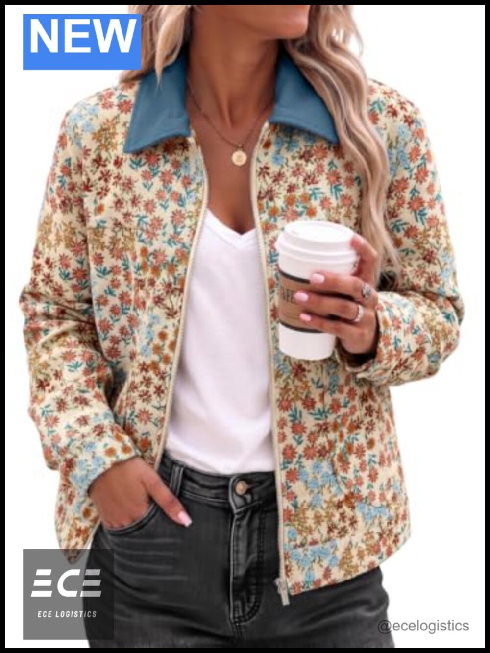 Floral Print Jacquard Zip Up Casual Jacket Long Sleeve Loose Fit Women's Coat